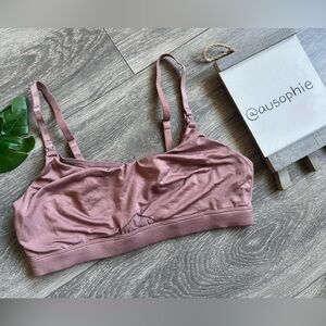 Auden lightly lined lounge clip strap nursing bra in a bronze-y pink. Size S
